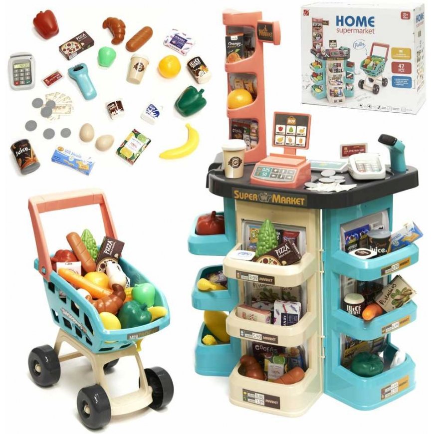 RoGer Set "Supermarket" kassakoneella, ostoskärryllä ja tarvikkeilla