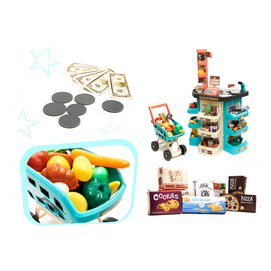 RoGer Set "Supermarket" kassakoneella, ostoskärryllä ja tarvikkeilla – 3