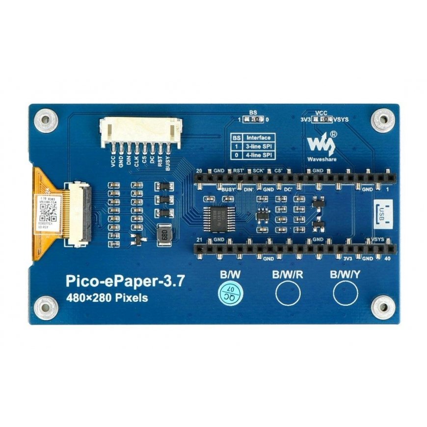 E-paperin E-Ink-näyttö - 3,7" 480x280px - SPI - mustavalkoinen - Raspberry Pi Picolle - Waveshare 20123 – 3