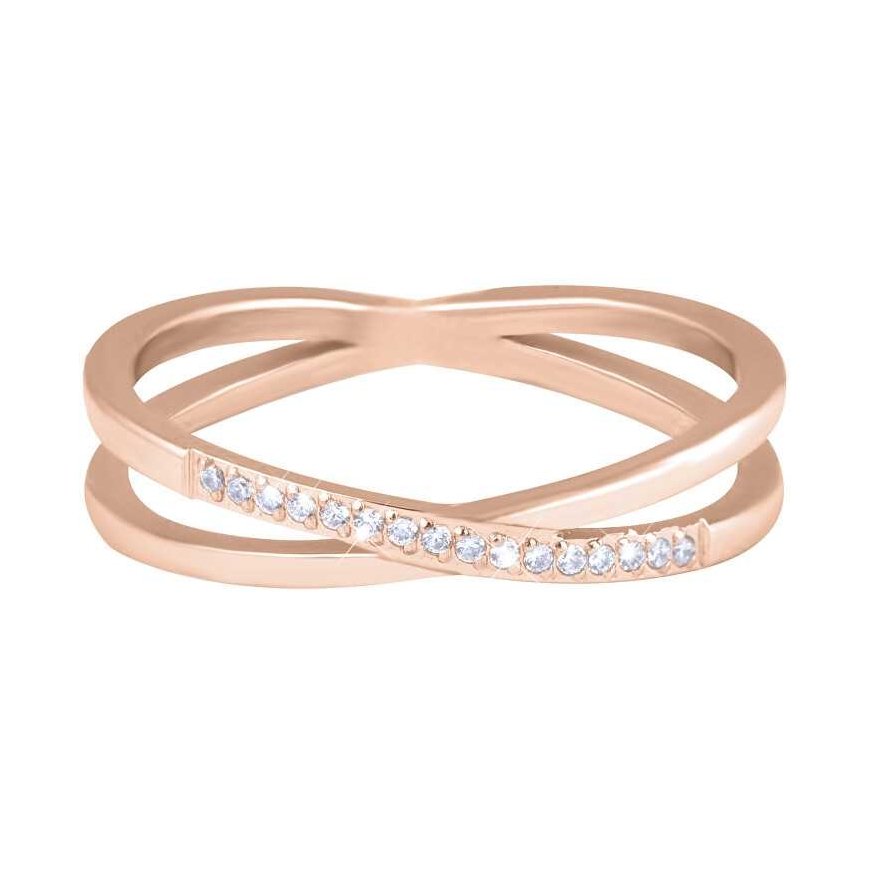 Troli Gold-plated double steel ring with clear rose gold zircons