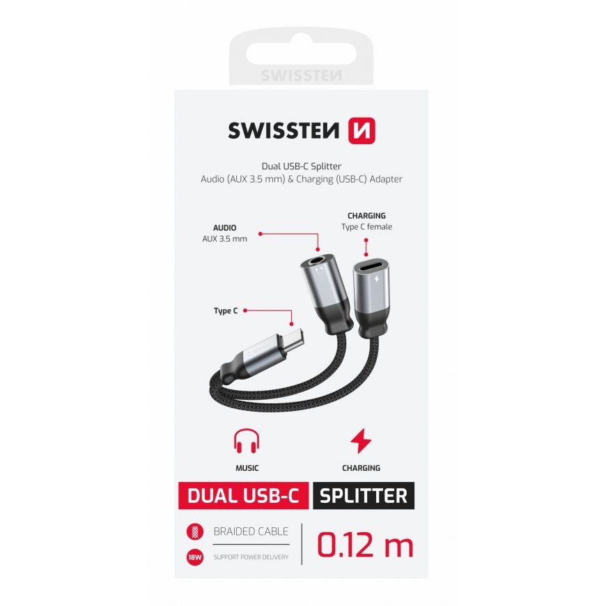 Swissten Textile USB-C / USB-C / Aux 3.5mm Charging Audio Adapter 0.12m – 2