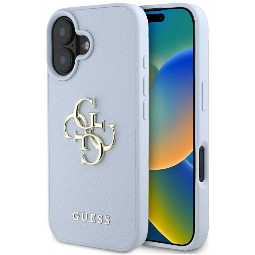 Guess Grained Big 4G Logo Small Classic Logo Apple iPhone 16 dėklas telefonui mėlynos spalvos