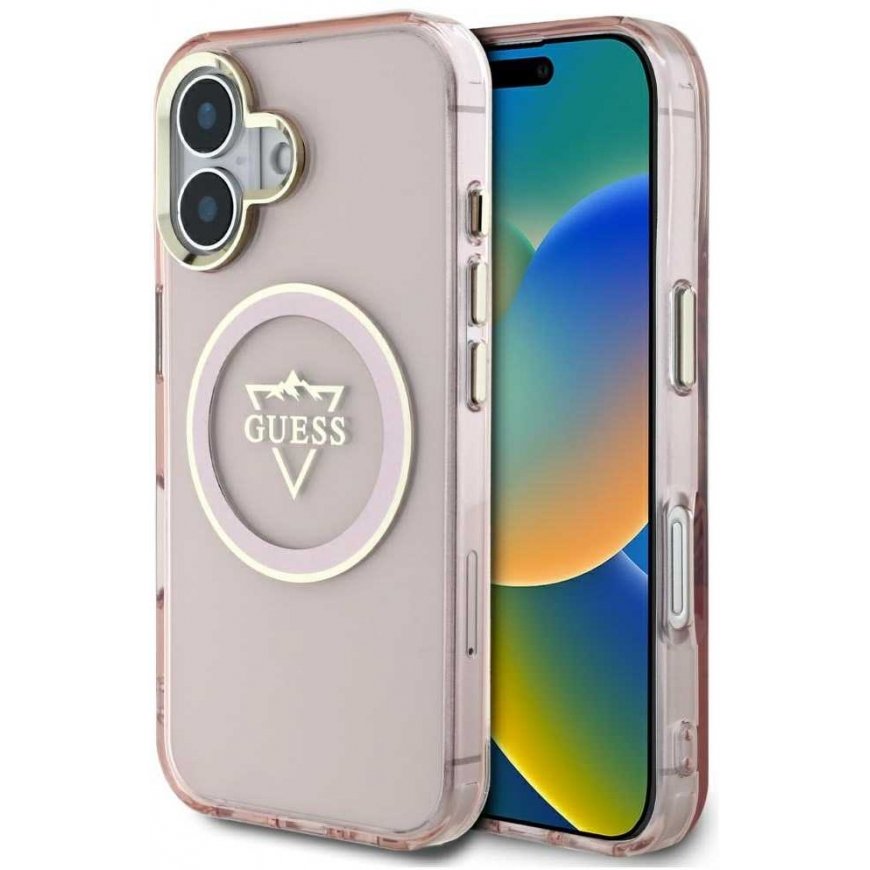 Guess IML Metal Mountain Logo MagSafe Apple iPhone 16 case pink