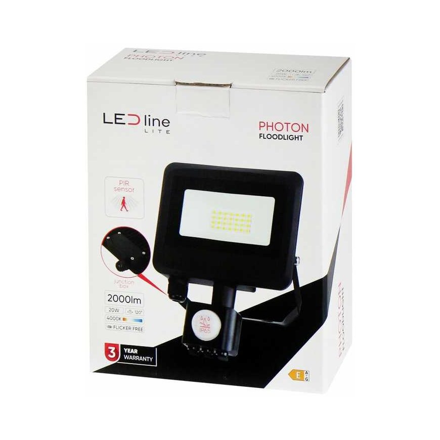 Outdoor light with motion sensor LED 20W neutral white 230Vac, 2000lm, IP65, black, PHOTON, LED LINE – 3