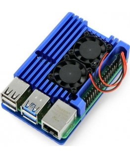 Odseven Raspberry Pi 4B alumiinijäähdytin - sininen laatikko kahdella tuulettimella