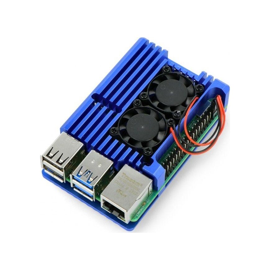Odseven Raspberry Pi 4B aliumininis radiatorius - dėžutė mėlynos spalvos su dviem ventiliatoriais