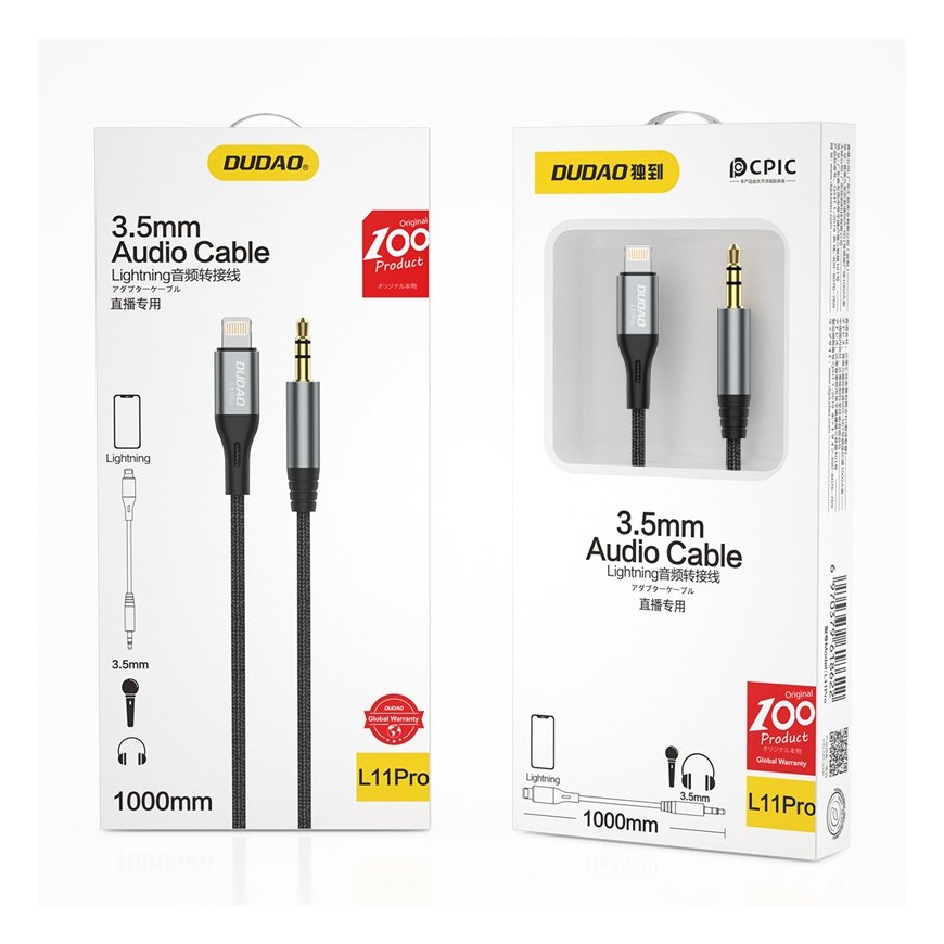 DUDAO audio cable Lightning - mini jack 3.5mm 1m gray L11PRO - Kabel - Audio/Multimedia Grey – 2