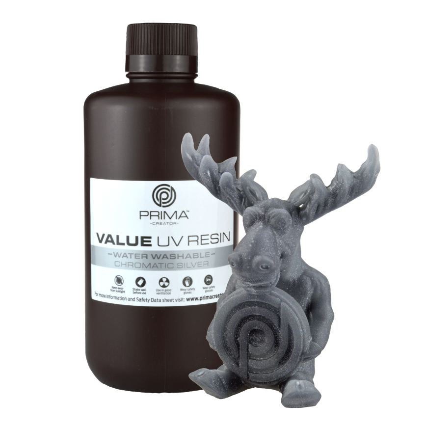 PrimaCreator Value vandeniu plaunama UV derva - 1000ml - Chromatic Sidabrinis