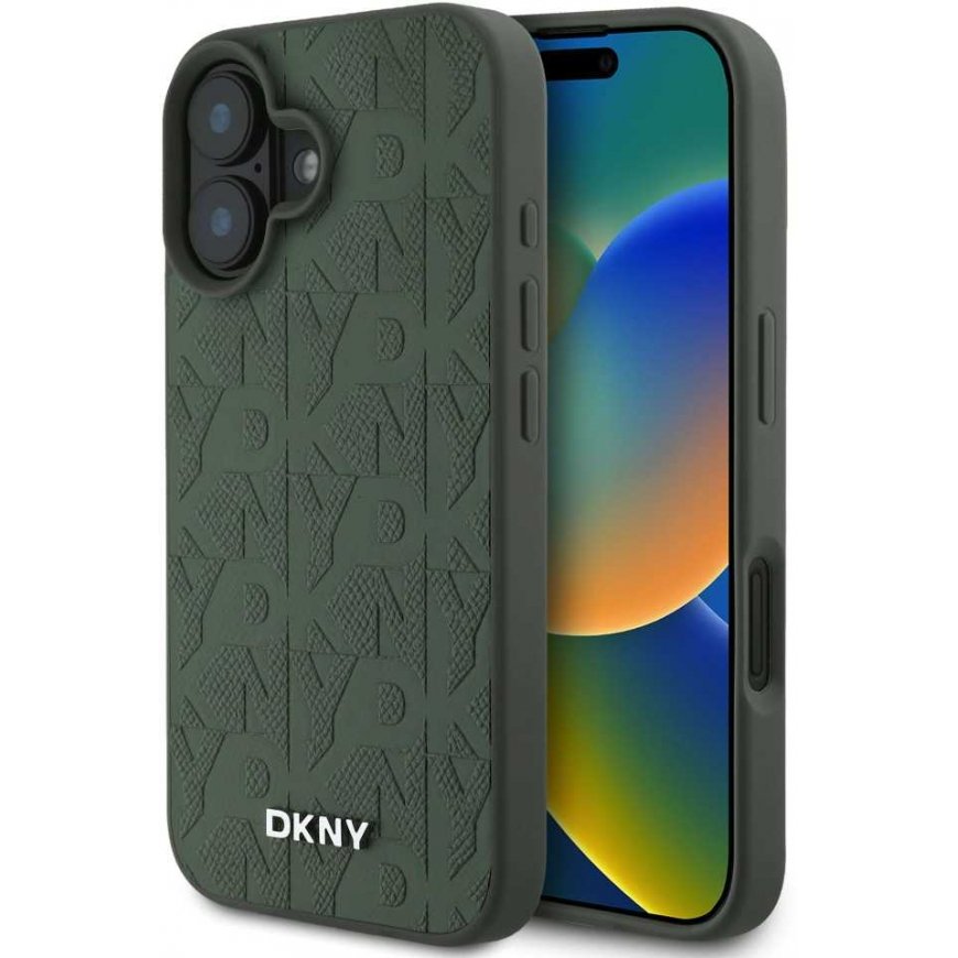 DKNY PU Leather Grid Pattern Magsafe Apple iPhone 16 dėklas telefonui žalios spalvos
