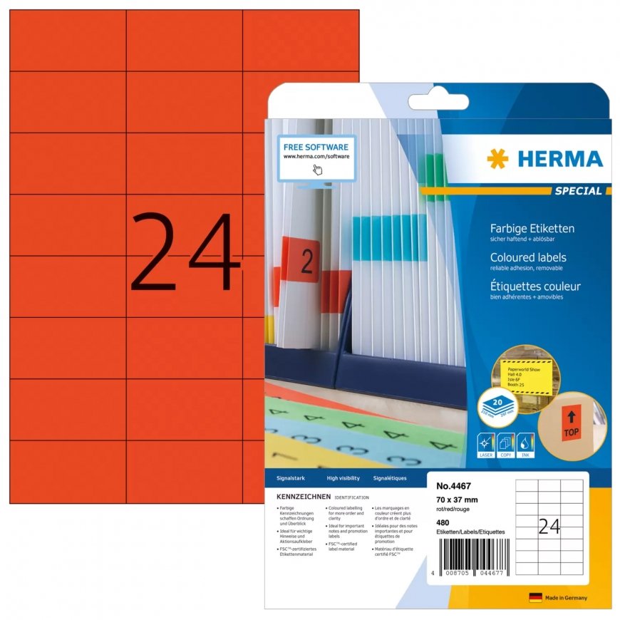 HERMA 4467 liimaetiketti Suorakulmio Irroitettava Punainen 480 kpl