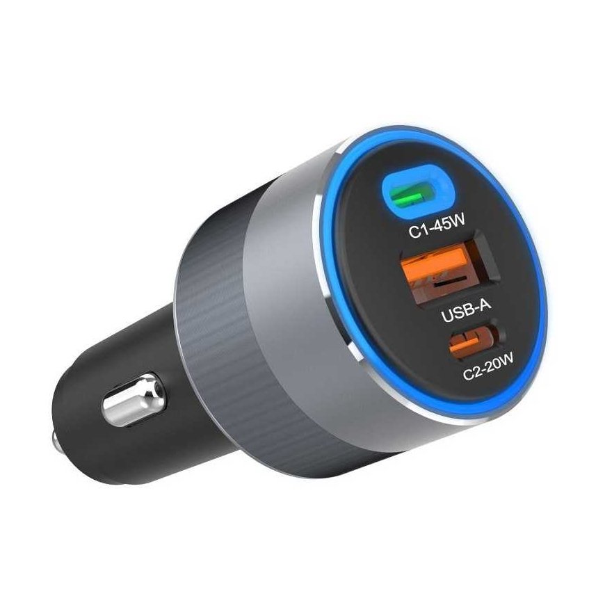 FORCELL F-ENERGY Alu automobilinis pakrovėjas 2 x Type C + USB A PD QC4.0 SFC 2.0 4,5A 65W pilka