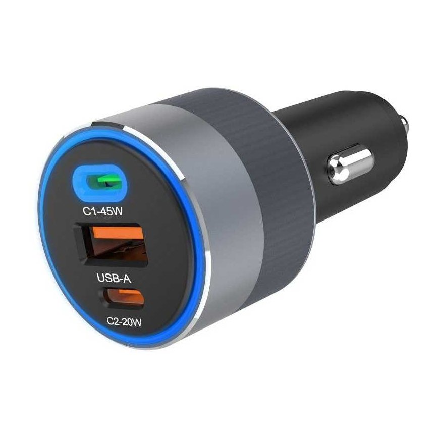 FORCELL F-ENERGY Alu automobilinis pakrovėjas 2 x Type C + USB A PD QC4.0 SFC 2.0 4,5A 65W pilka – 2