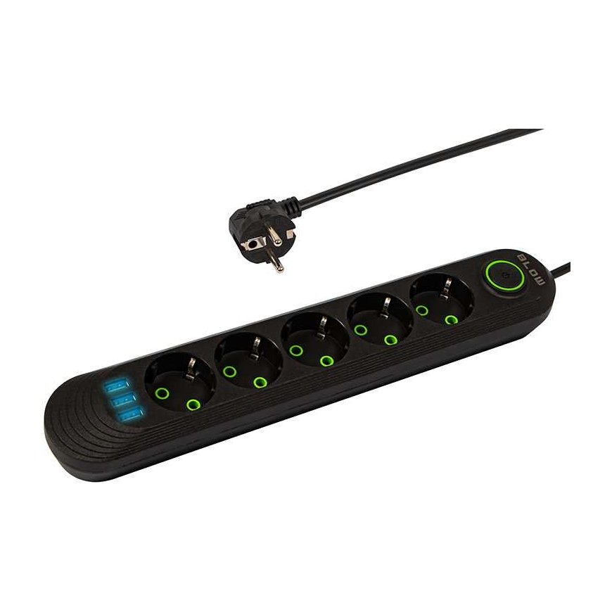 Blow PS-520 5-socket 3xUSB power strip 2m black 2x1mm