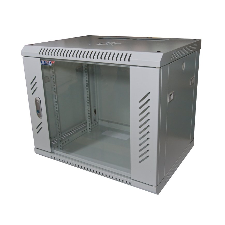 LEXI-Net 19" wall cabinet 9U 600x600, load capacity 60 kg, glass doors, welded, gray color