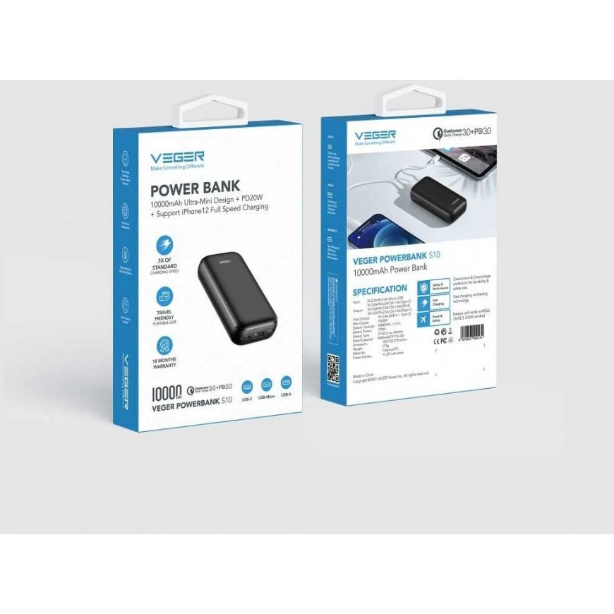 VEGER powerbank 10000 mAh PD QC3.0 3A 20W S10 (W1135) black – 5