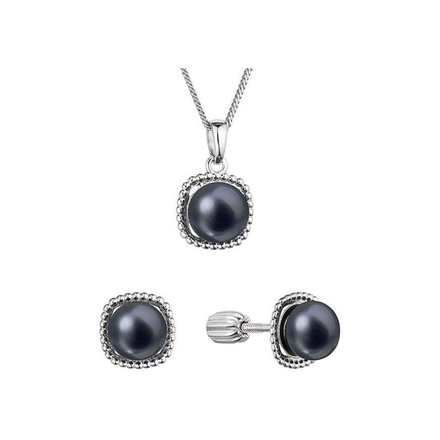 Evolution Group Silver jewelry set with black river pearls 29065.3B black (earrings, chain, pendant)