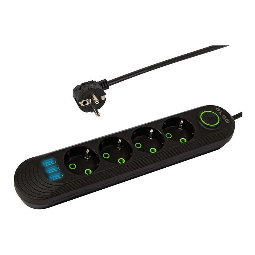 Blow PS-430 4 lizdų 3xUSB tinklo ilgintuvas 3m juodas 2x1mm