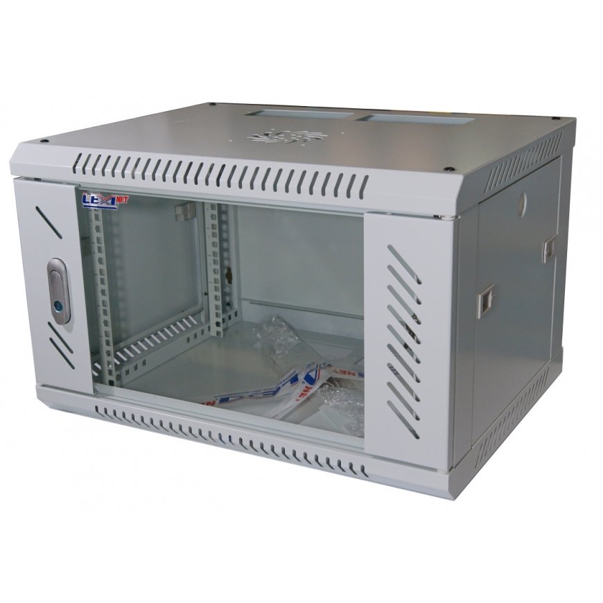 LEXI-Net 19" wall cabinet 6U 600x450, load capacity 60 kg, glass doors, extended, gray