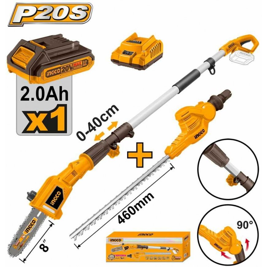 Ingco CPTS201681 set cordless pruning saw and cordless hedge trimmer incl. battery and charger – 2