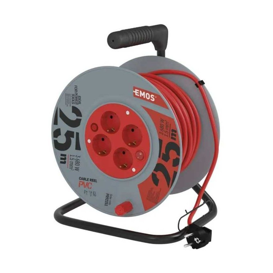 Extension cord - reel 4 sockets 25m 3x1.5mm² red cable EMOS