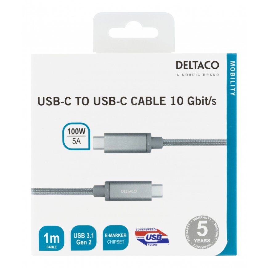 Deltaco USBC-1417M USB cable USB 3.2 Gen 2 (3.1 Gen 2) 1 m Silver