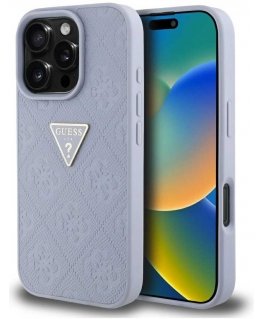 Guess Hot Stamp 4G Pattern Triangle Metal Logo Apple iPhone 16 Pro dėklas telefonui violetinės spalvos