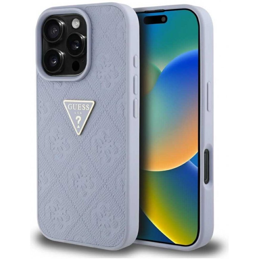 Guess Hot Stamp 4G Pattern Triangle Metal Logo Apple iPhone 16 Pro puhelimen kuori violetti