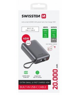 Swissten Power Bank 20000 mAh 45W with Built-In USB-C Cable