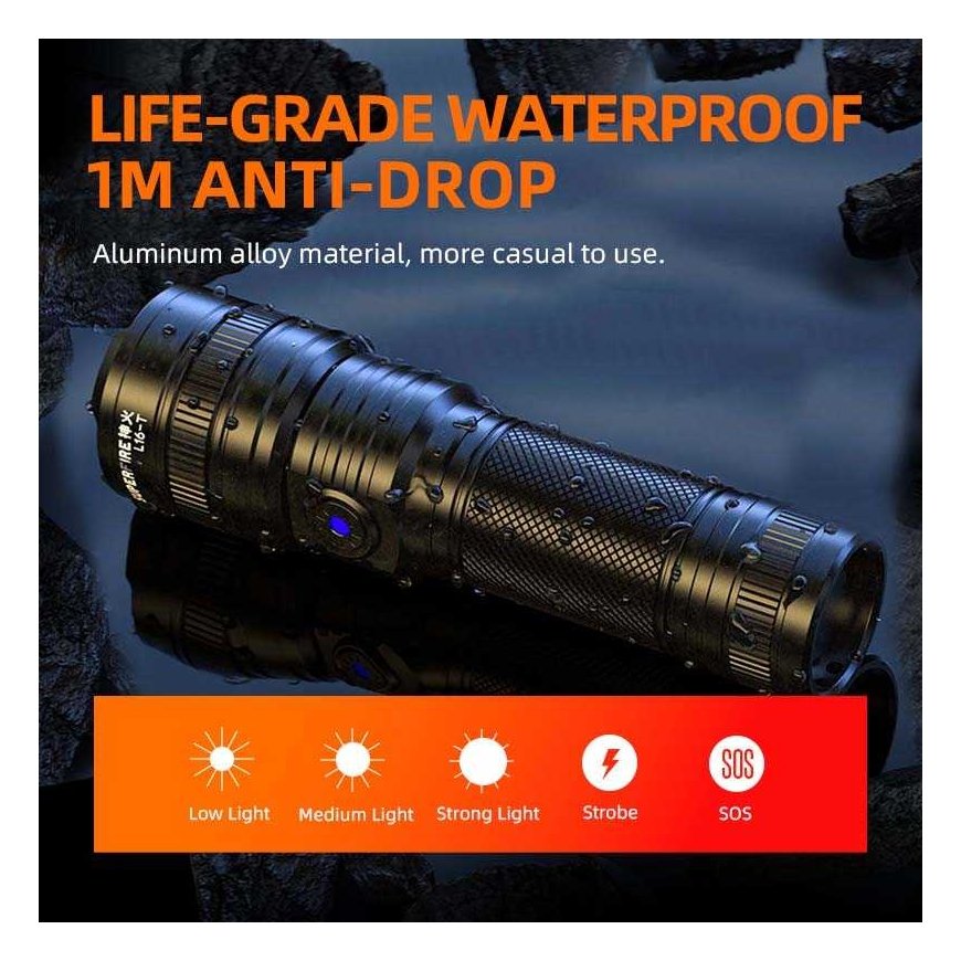 Superfire Flashlight L16-X, 400lm, focusable, rechargeable USB C, 2x 18650 3400mAh, IP43 – 4