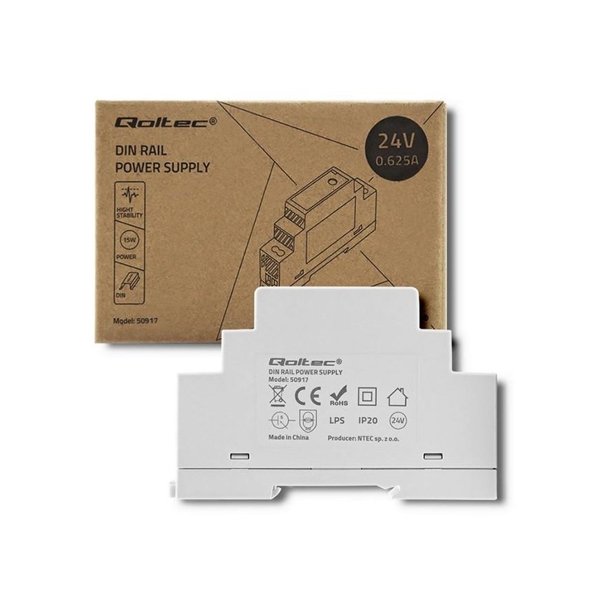 QOLTEC 50917 DIN-kiskovirtalähde 15W 24V 0,625A Harmaa – 4