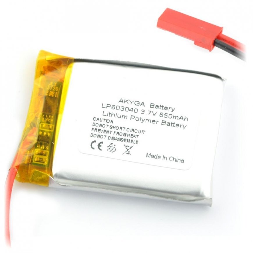 Battery Li-Pol Akyga 650mAh 1S 3.7V - Connectors JST-BEC + Socket