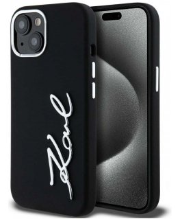 Karl Lagerfeld Silicone Metal Script Logo Case for iPhone 15 black