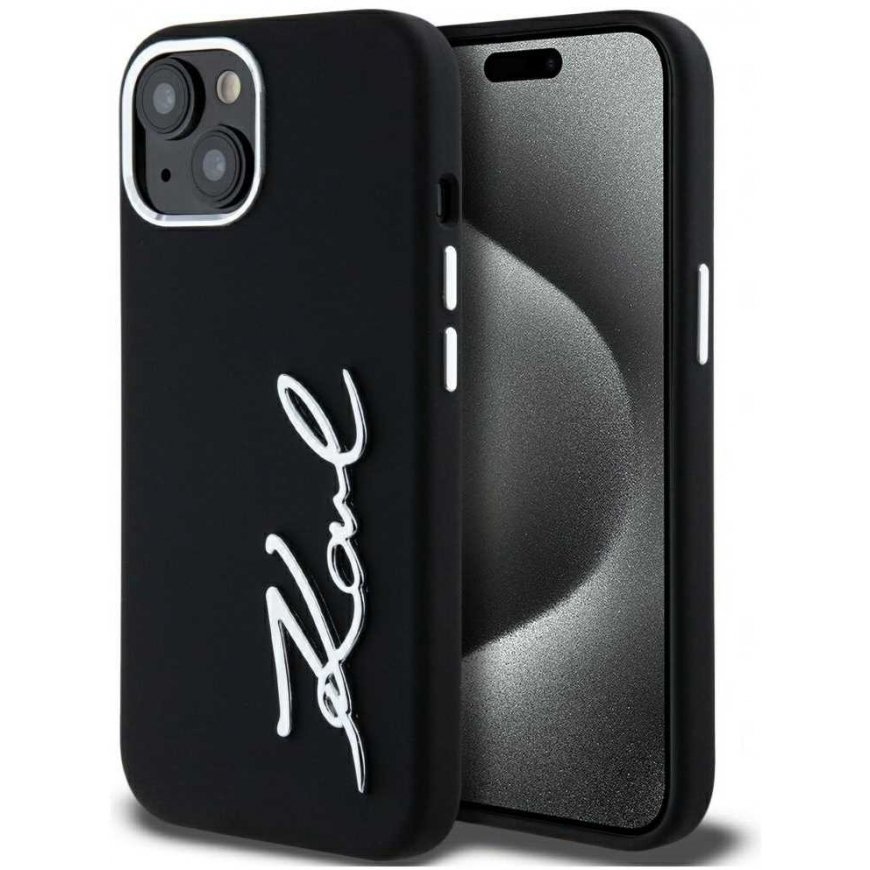 Dėklas Karl Lagerfeld Silicone Metal Script Logo do iPhone 15 juoda