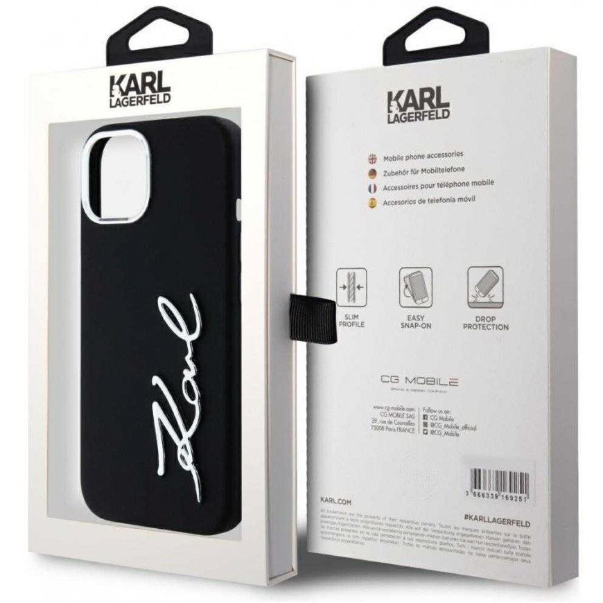Karl Lagerfeld Silicone Metal Script -logokotelo iPhone 15:lle musta – 2