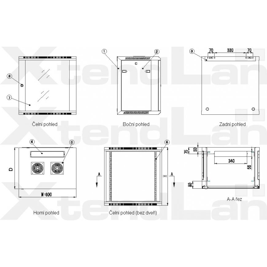 XtendLan 19" wall cabinet 12U 600x450, load capacity 60 kg, glass doors, extended, gray color – 2