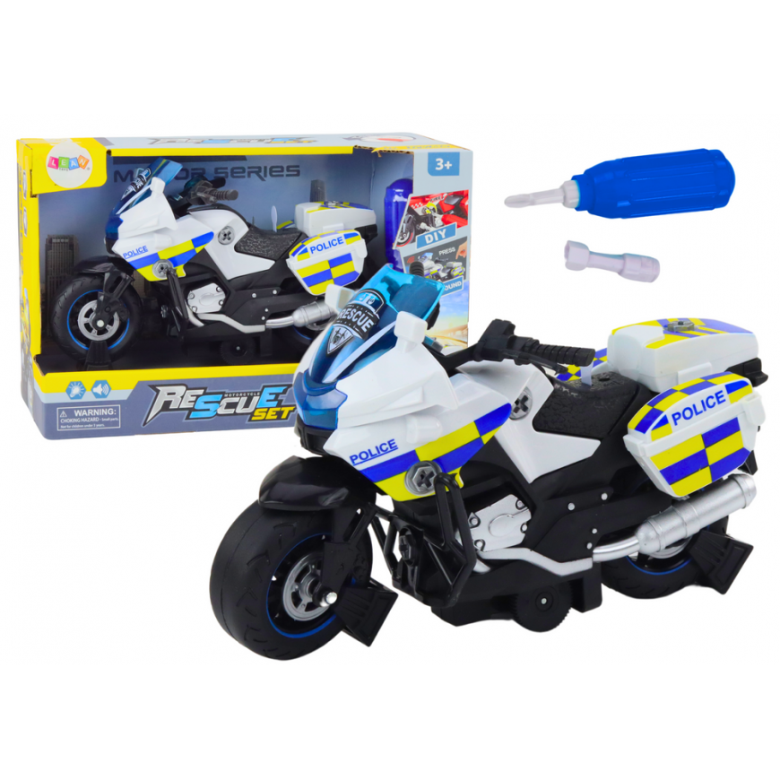 Lean Toys Police Rotating Motorcycle DIY Lights Sounds White