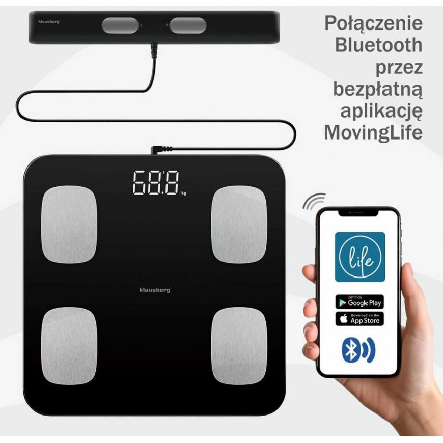 Virtuvinės svarstyklės WAGA ŁAZIENKOWA Z POMIAREM TKANKI TŁUSZCZOWEJ I SKŁADU CIAŁA, SMART, BT, KLAUSBERG KB-7852 Juoda – 2