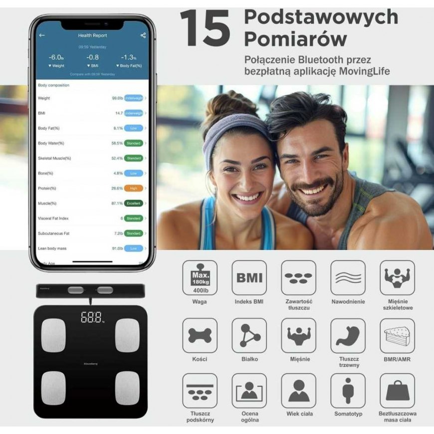 Virtuvinės svarstyklės WAGA ŁAZIENKOWA Z POMIAREM TKANKI TŁUSZCZOWEJ I SKŁADU CIAŁA, SMART, BT, KLAUSBERG KB-7852 Juoda – 3