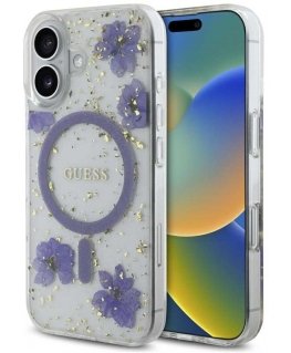 Guess Resin Flowers Glitter MagSafe Case for iPhone 16 purple