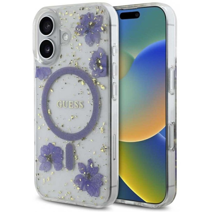 Guess Resin Flowers Glitter MagSafe Case for iPhone 16 purple
