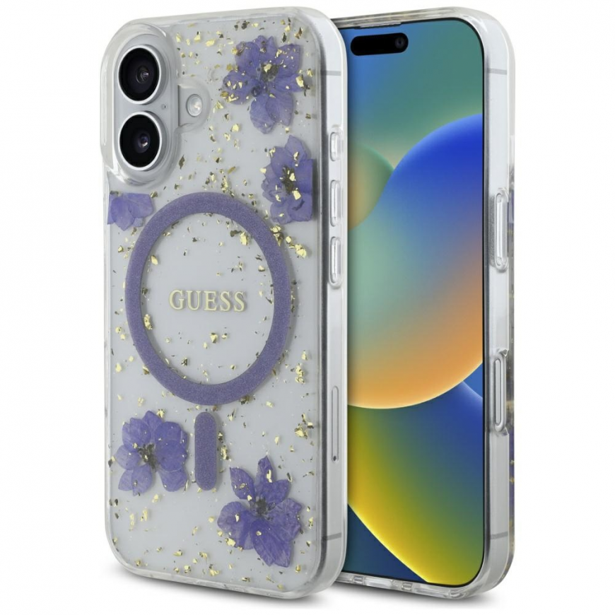 Guess Resin Flowers Glitter MagSafe Case for iPhone 16 purple – 2
