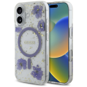 Guess Resin Flowers Glitter MagSafe -kotelo iPhone 16:lle, violetti Guess Resin Flowers Glitter MagSafe -kotelo iPhone 16:lle, violetti