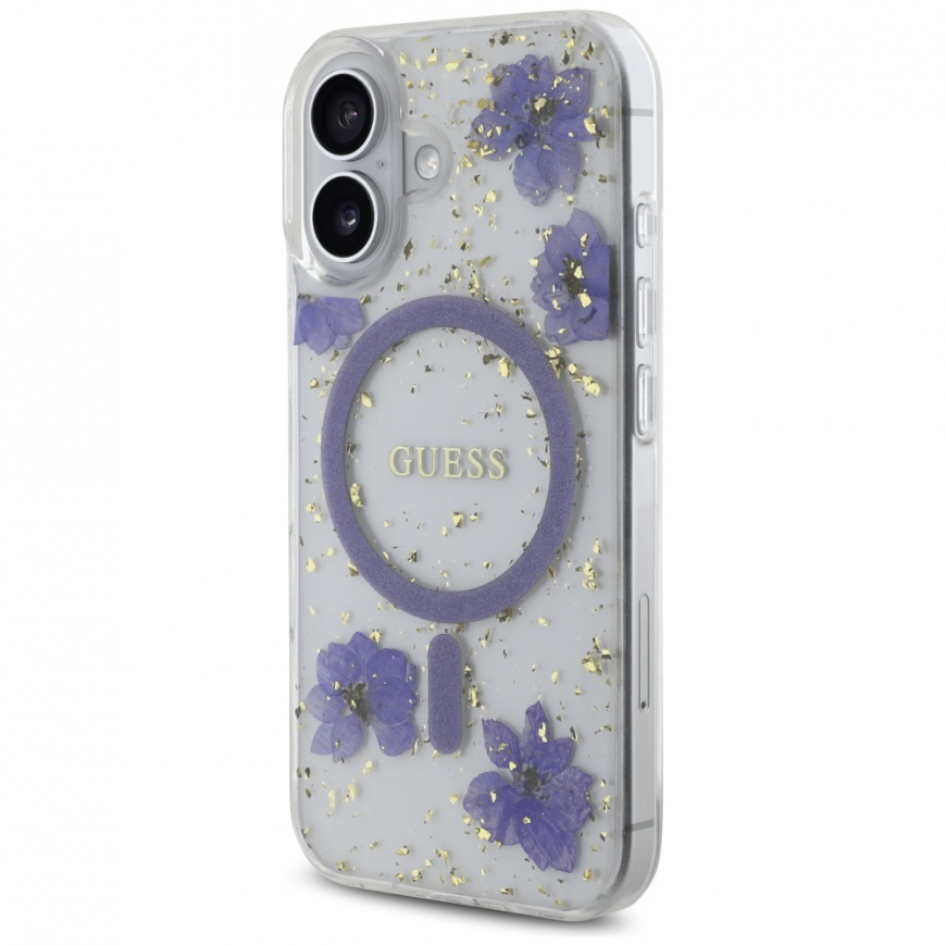 Guess Resin Flowers Glitter MagSafe -kotelo iPhone 16:lle, violetti – 3