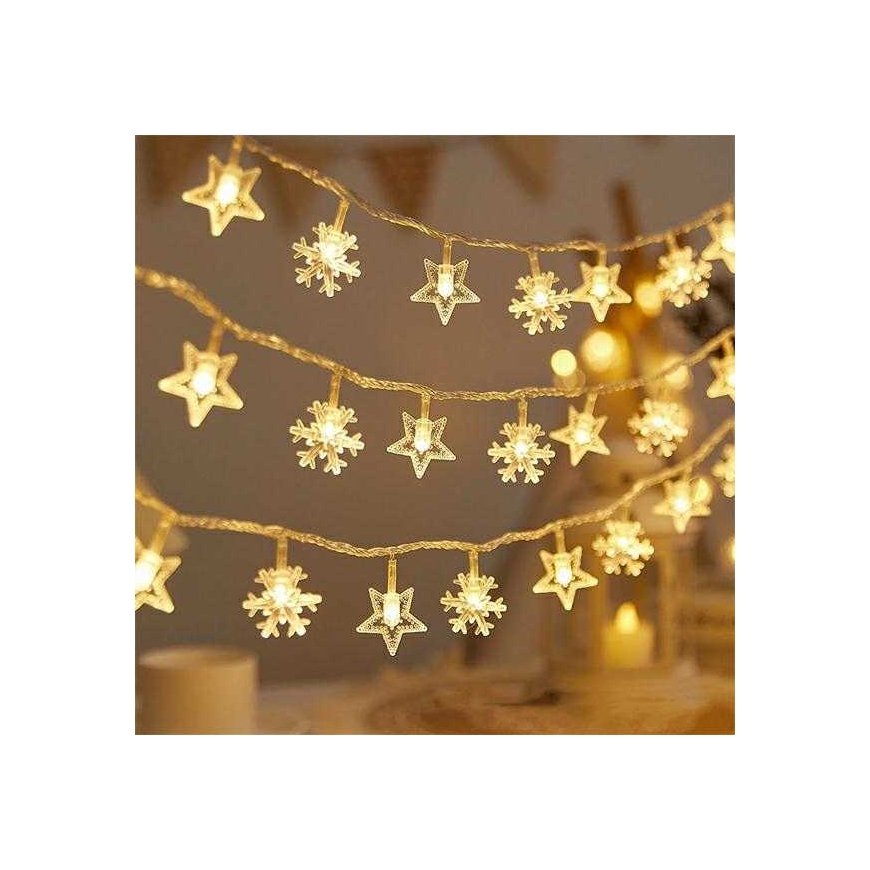 LED kalėdų leputės snowflake/star - 10m/80 lempučių warm baltas maitinama baterijomis 3xAA EHD-LS06