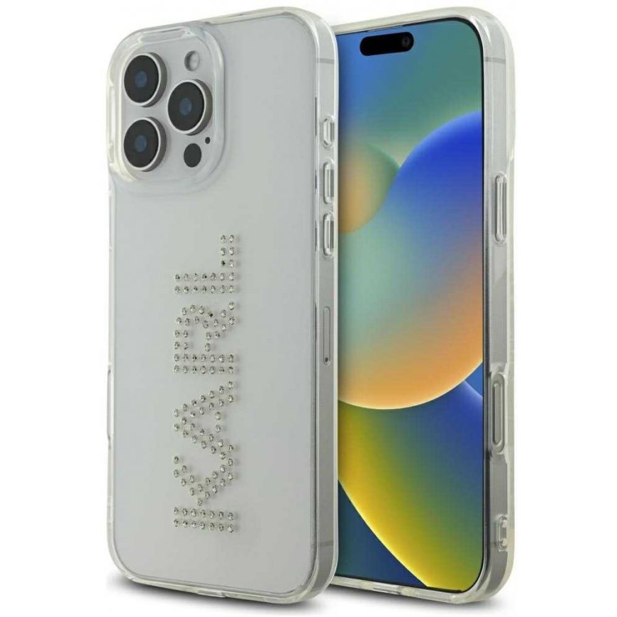 Dėklas Karl Lagerfeld IML Rhinestones Logo do iPhone 16 Pro permatomas