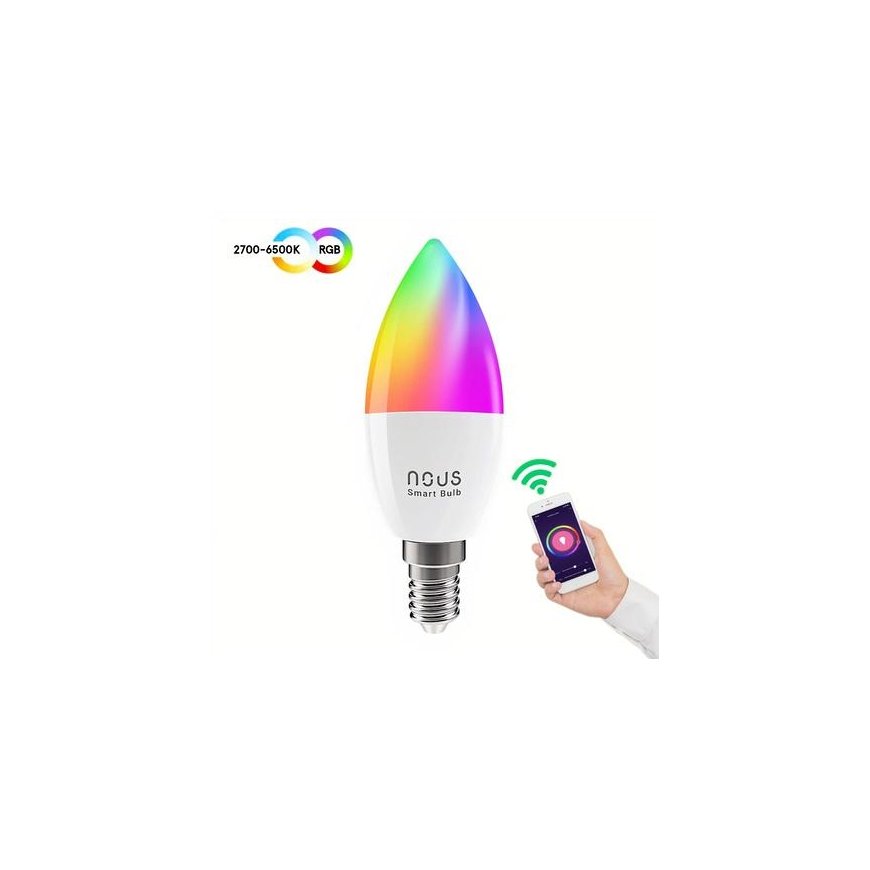 Lemputė LED E14, 230V, 4,5W, 380lm, 2700K - 6500K, RGB, išmanioji Wi-Fi, valdoma programėle, TUYA / Smart Life, P4, NOUS