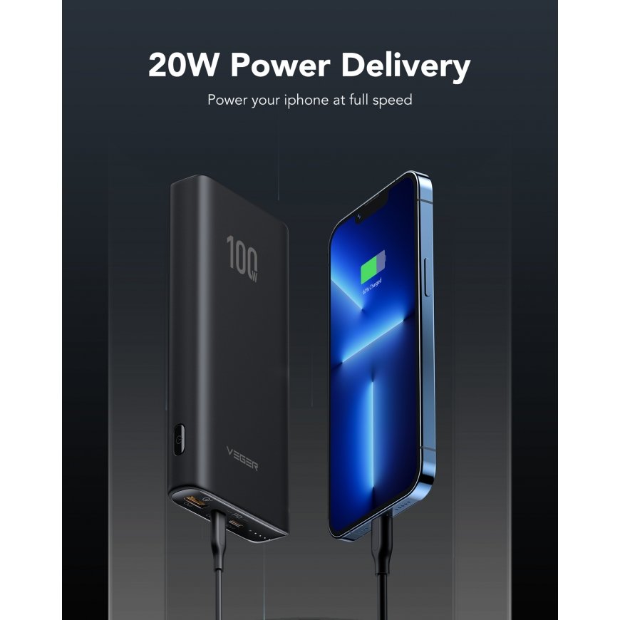 VEGER T100 nešiojamasis įkroviklis Ličio-jonų (Li-Ion) 20000 mAh Juoda – 4