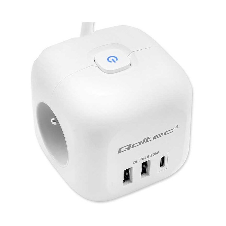 Qoltec Kostka zasilająca przedłużacz 6w1 with podświetlanym wzącznikie | 3x AC | 2x USB | 1x USB-C PD 20W | White | Cable 2 m