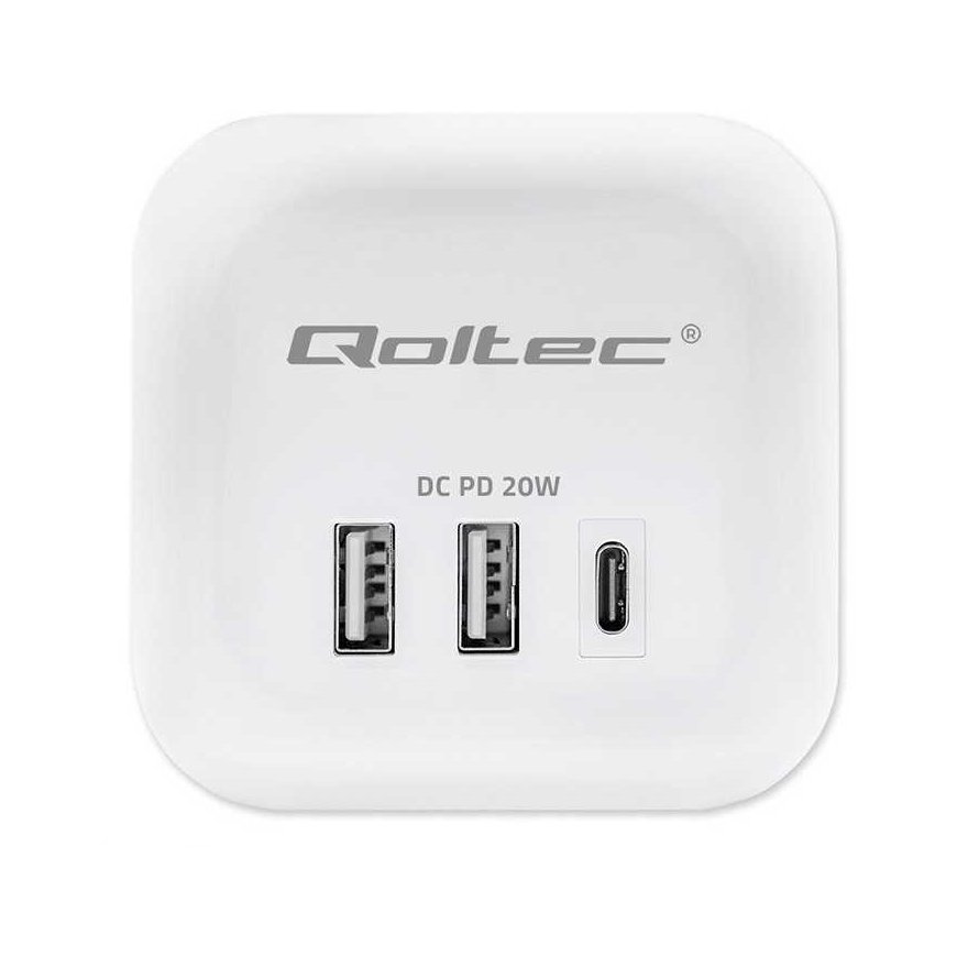 Qoltec Kostka zasilająca przedłużacz 6w1 su podświetlanym włącznikiem | 3x AC | 2x USB | 1x USB-C PD 20W | Balta | Kabelis 2m – 3