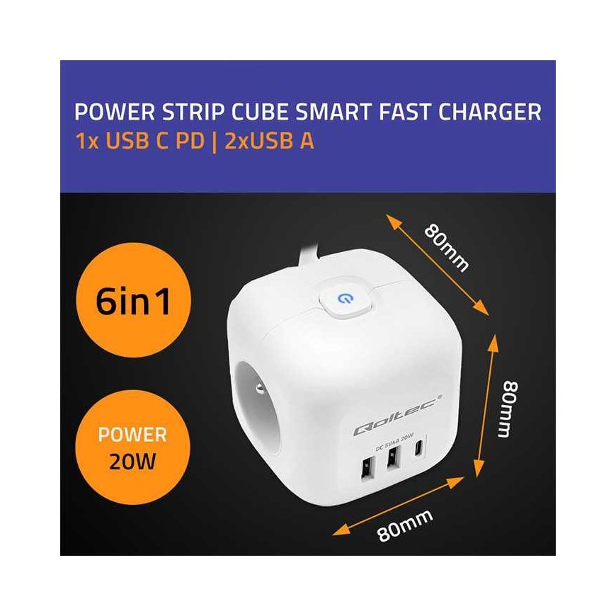 Qoltec Kostka zasilająca przedłużacz 6w1 with podświetlanym wzącznikie | 3x AC | 2x USB | 1x USB-C PD 20W | White | Cable 2 m – 4